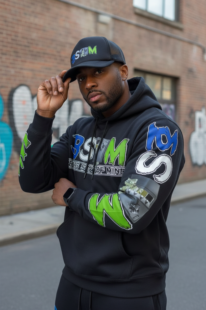 Black Hoodie and BSOM Hat